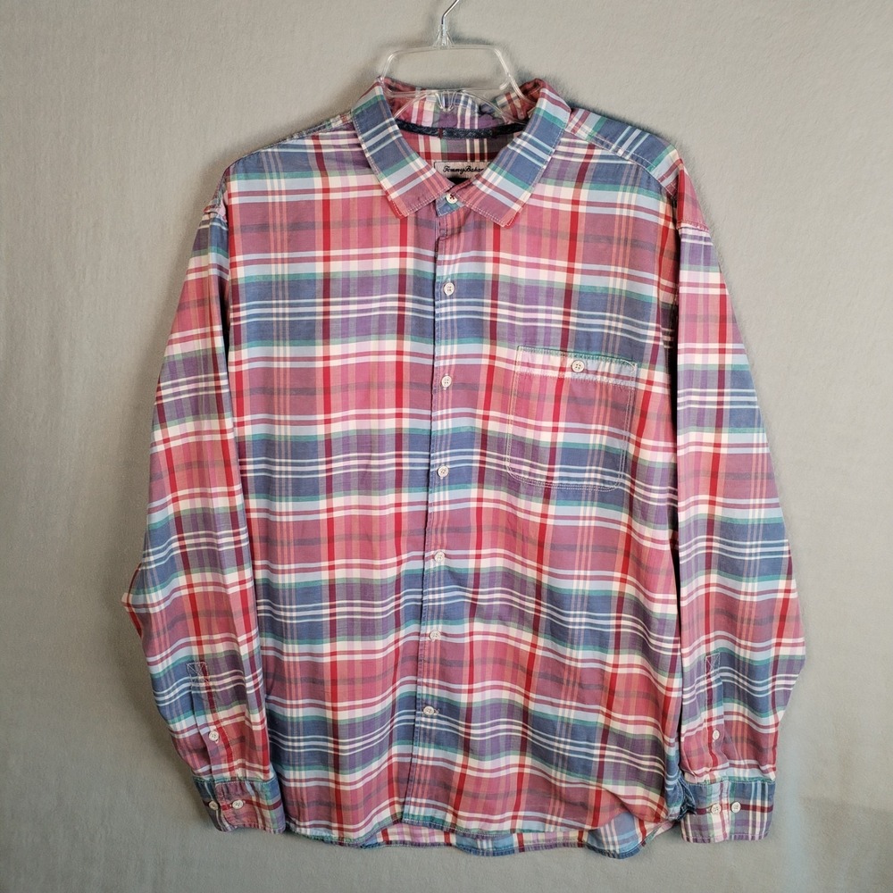 Tommy Bahama Shirt Mens XL Cutaway Collar Pale‎ Wisteria Kookabura Plaid Preppy